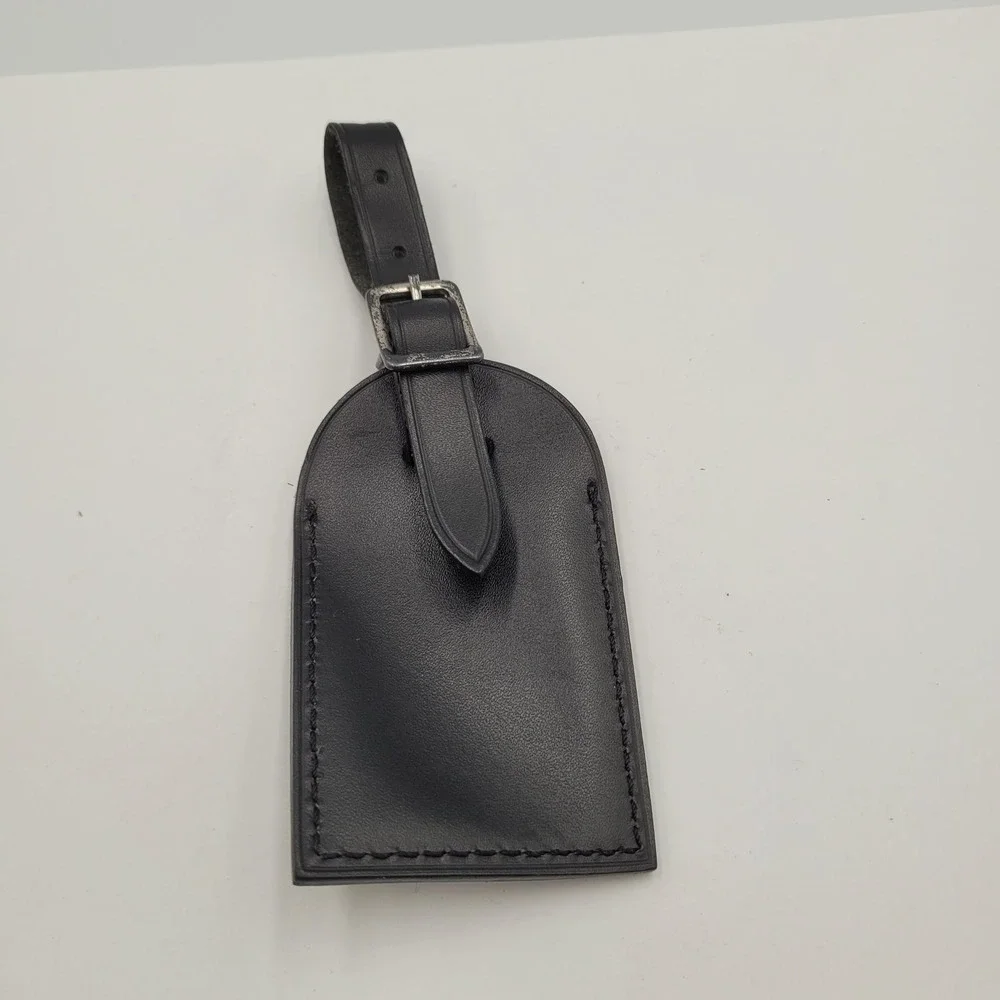 Louis Vuitton Black Leather Luggage Tag Silver Buckle France Travel Accessory
